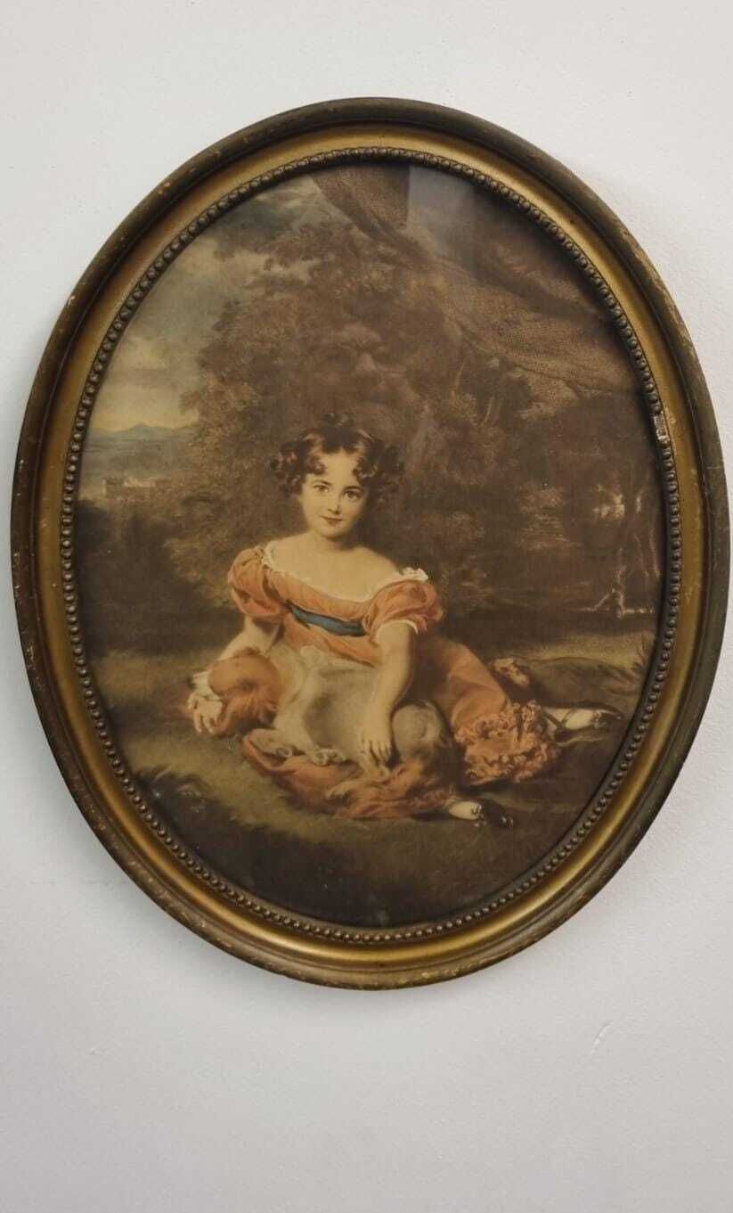 Antique Oval Framed Print / Romantic Portrait With Dog / C.1910