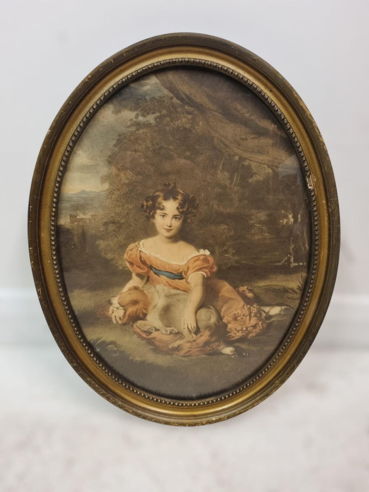 Antique Oval Framed Print / Romantic Portrait With Dog / C.1910 photo furniture