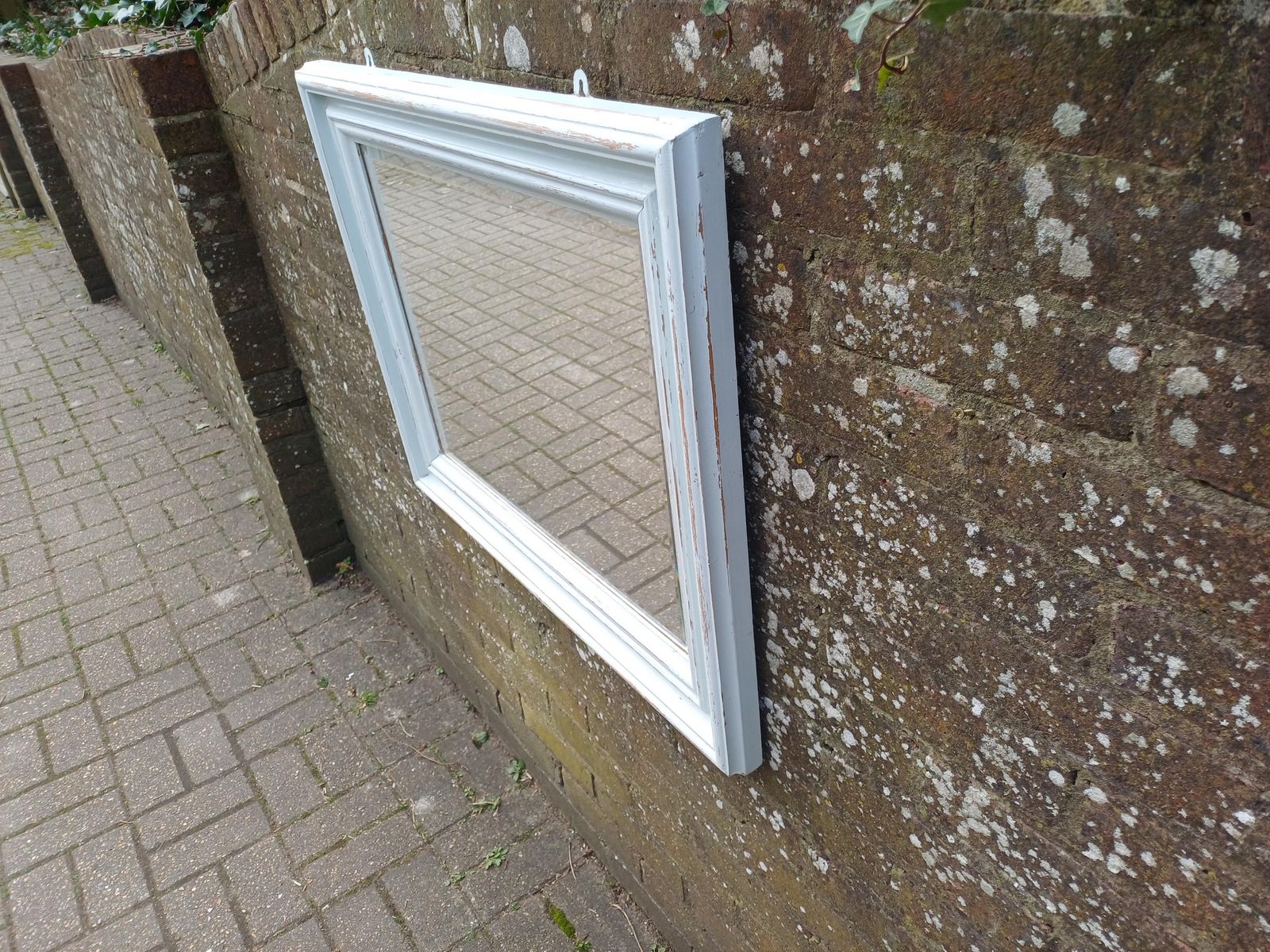 photo vintage Large Chunky Painted Pine Mirror With Bevelled Glass Distressed Farrow And Ball Duck Egg Blue