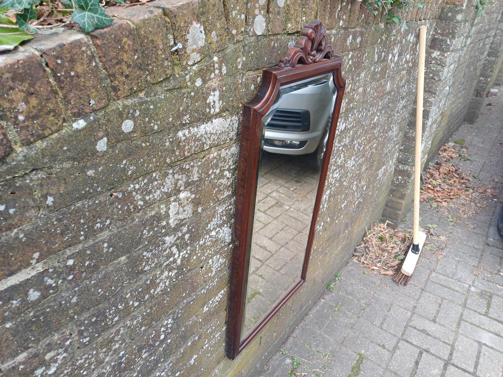 photo furniture Large Antique Victorian Mahogany Wall Mirror With Carved Crest And Bevelled Glass Antique Statement Piece