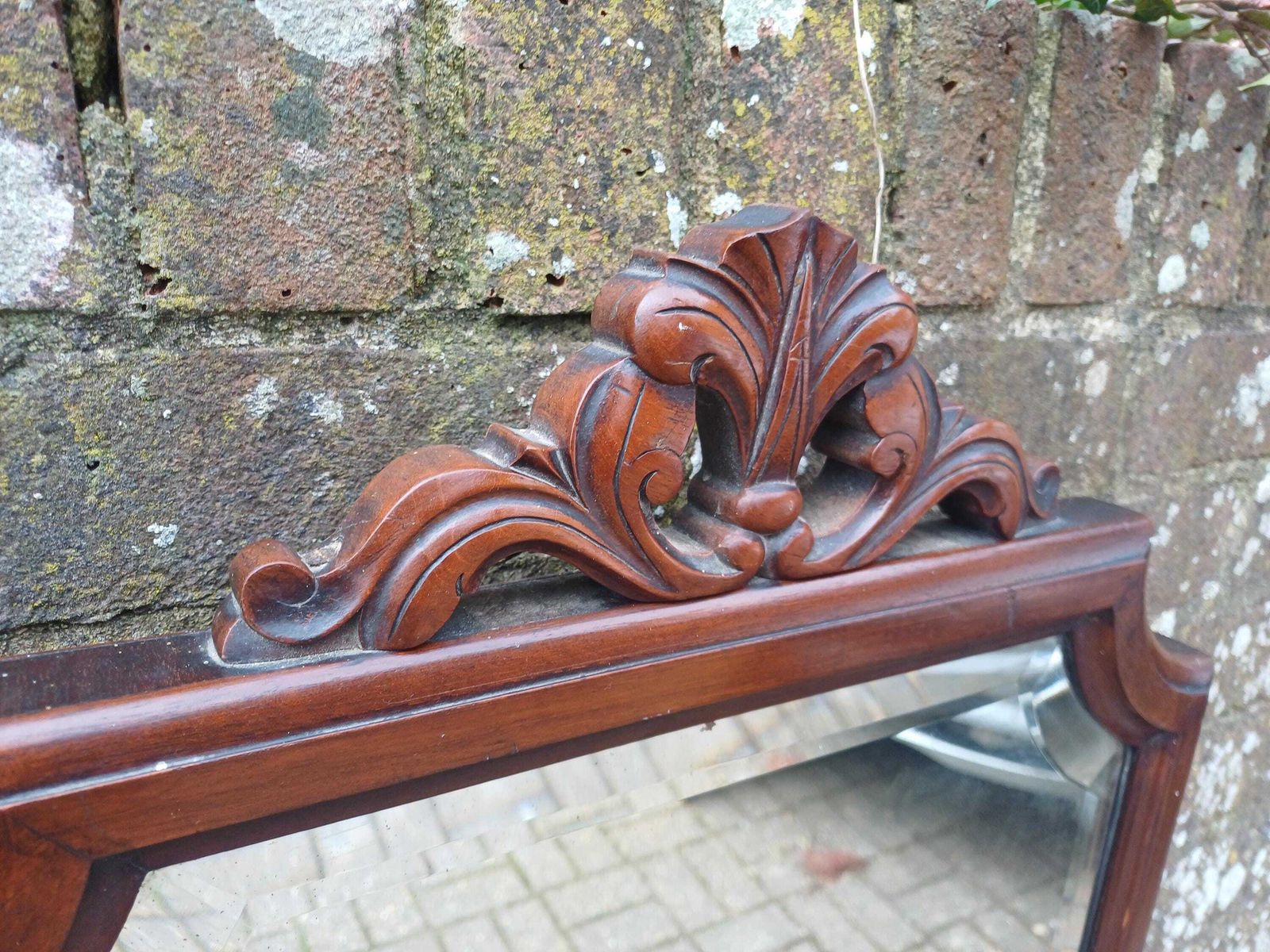 photo for sale Large Antique Victorian Mahogany Wall Mirror With Carved Crest And Bevelled Glass Antique Statement Piece