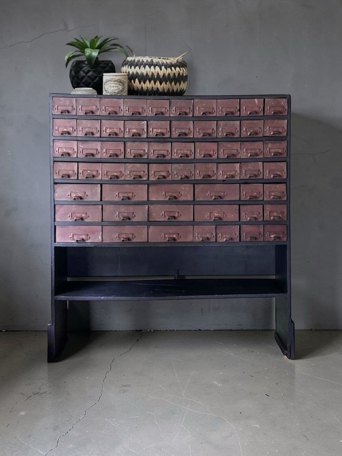 photo buy Vintage Industrial Pine & Metal Apothecary Chest Of Multi Drawers Label Holders