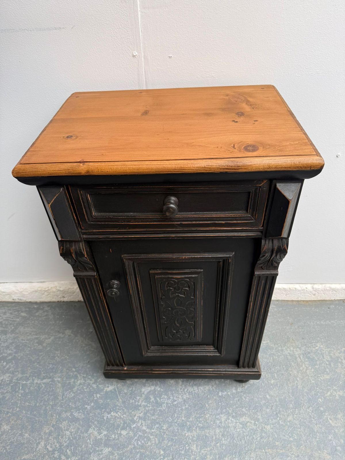 A Beautifully Painted Black Pine & Oak Carved Victorian Bedside Cabinet photo for sale