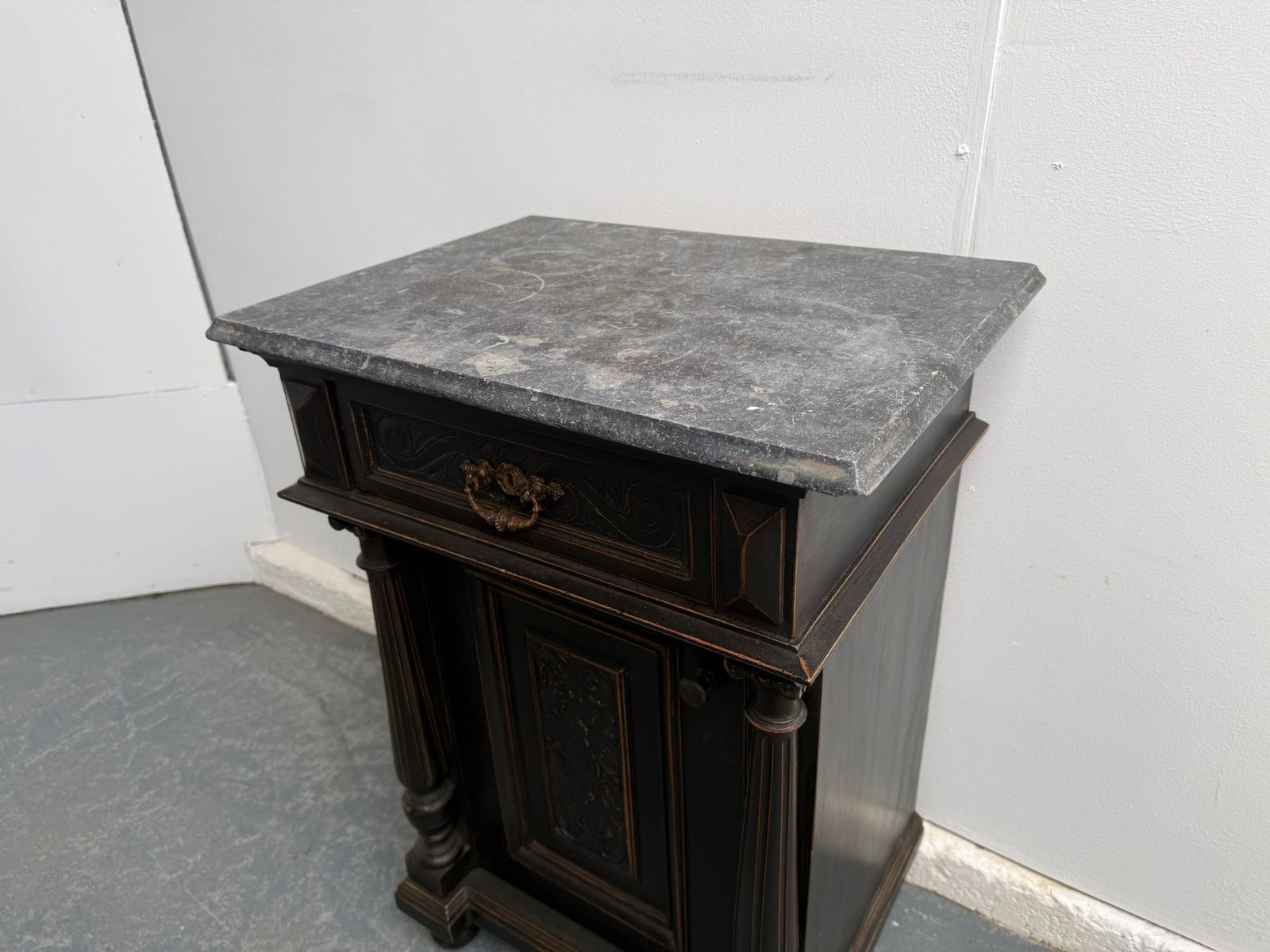 An Original Hungarian Antique Pine & Oak Painted Black Columned Bedside Cabinet photo Furniture
