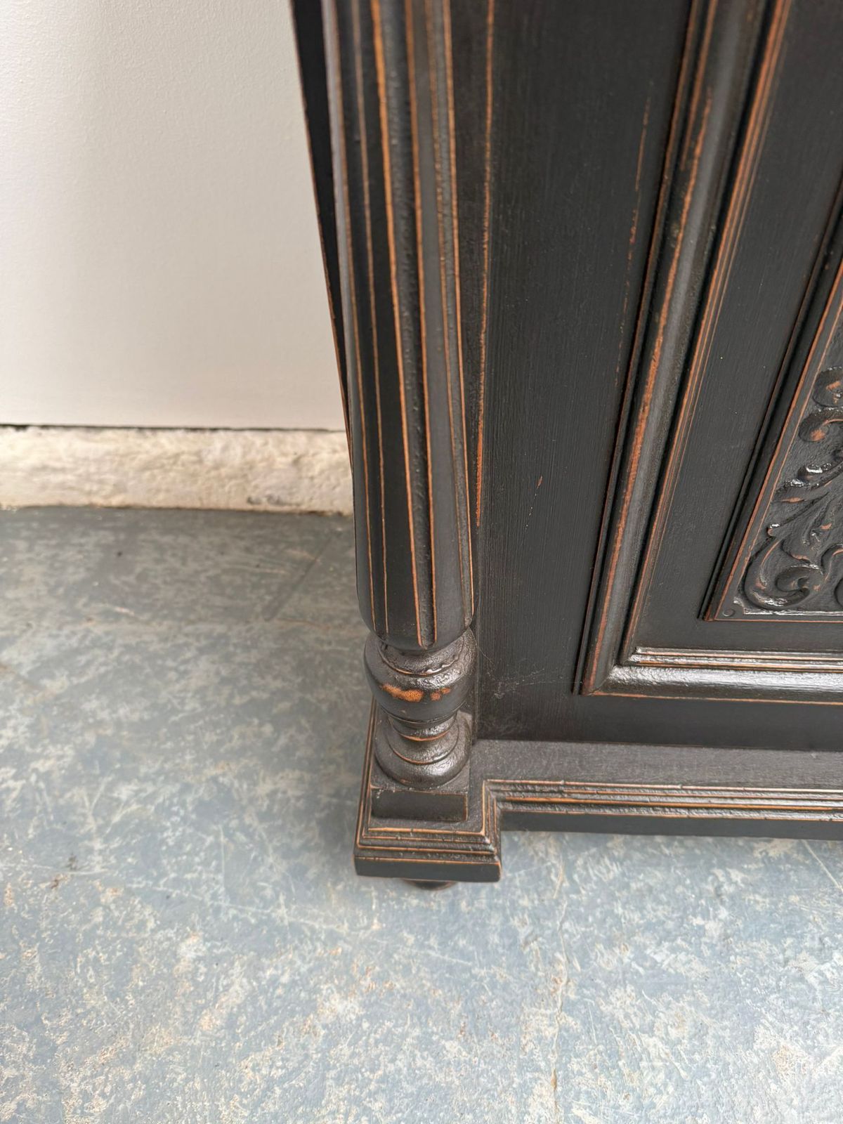 An Original Hungarian Antique Pine & Oak Painted Black Columned Bedside Cabinet photo vinterior