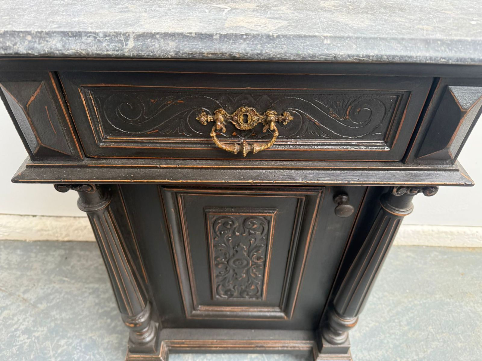 An Original Hungarian Antique Pine & Oak Painted Black Columned Bedside Cabinet photo buy