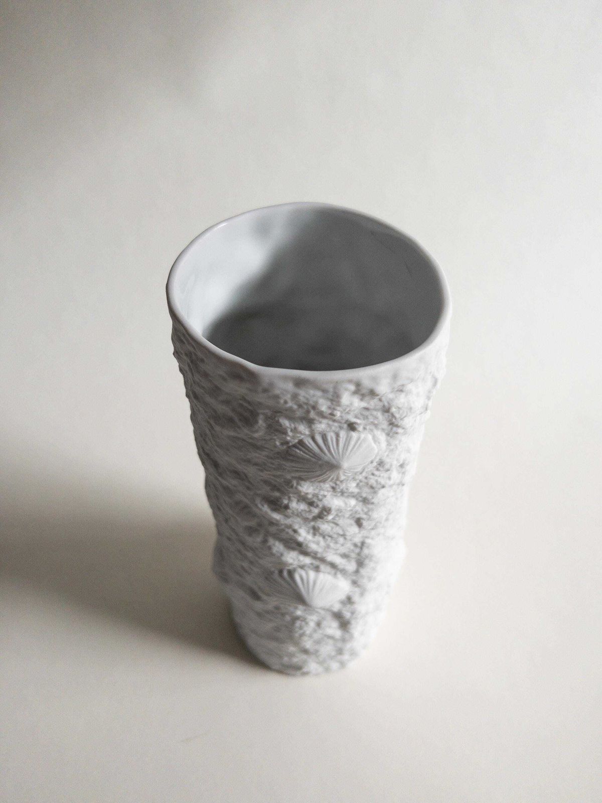 photo for sale Hutschenreuther White Porcelain Bisque Op Art Vase With Beach Limpet Shells