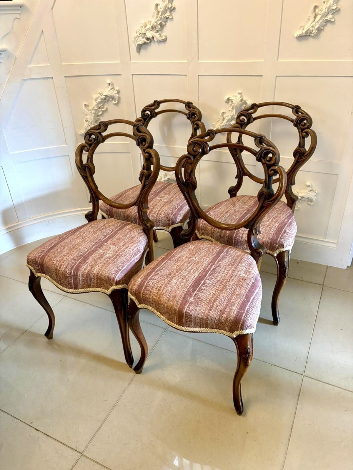 Antique 19th Century Carved Walnut Balloon Back Dining Chairs Set Of Four