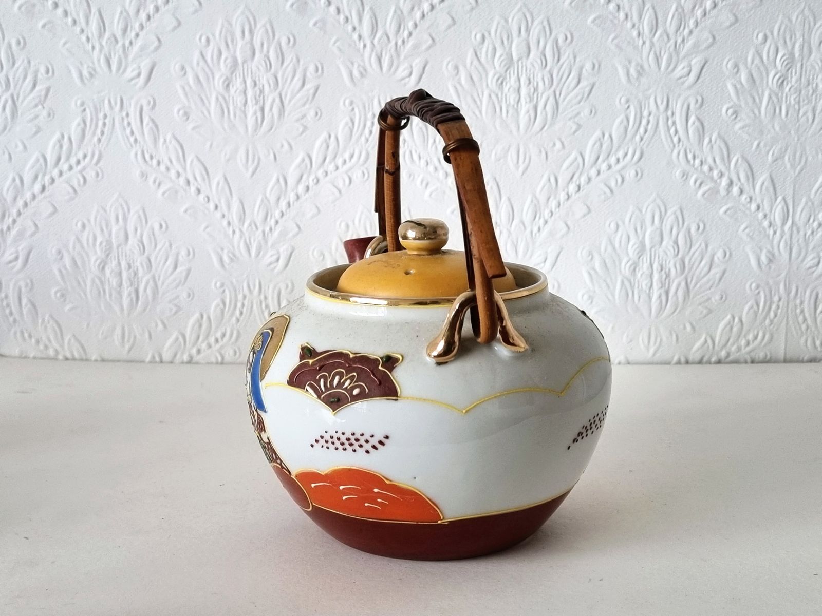 Japanese Moriage Teapot, Hand Painted Porcelain Tea Pot, Satsuma Style Raised Enamel, Geisha Decor, Bamboo Handle Oriental Ceramic photo for sale