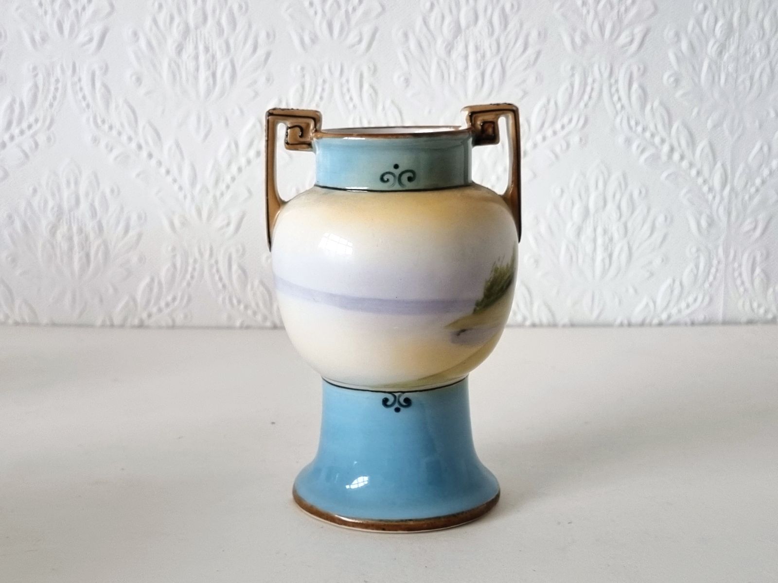 Art Deco Handled Vase, Noritake Japan Porcelain, Scenic Landscape Urn, Twin Handle Pedestal, 1930s Ceramic Decor photo for sale