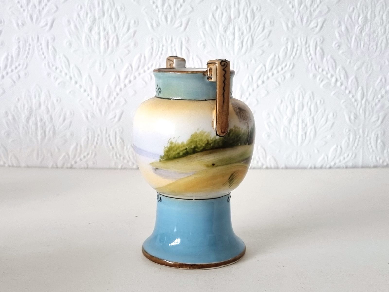 Art Deco Handled Vase, Noritake Japan Porcelain, Scenic Landscape Urn, Twin Handle Pedestal, 1930s Ceramic Decor photo Home Decor