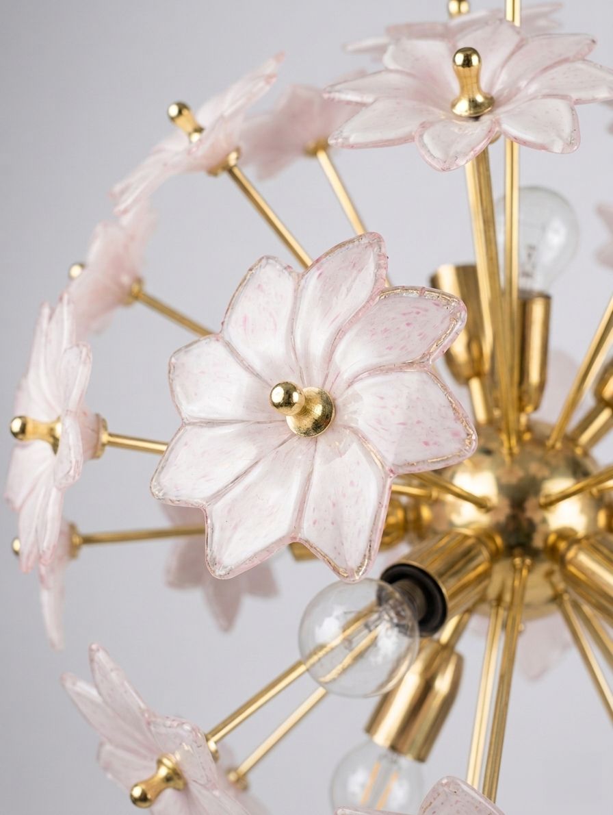Vintage Murano Glass Blush Pink Flush Mount Bouquet Sputnik Chandelier, Mid Century photo vinterior