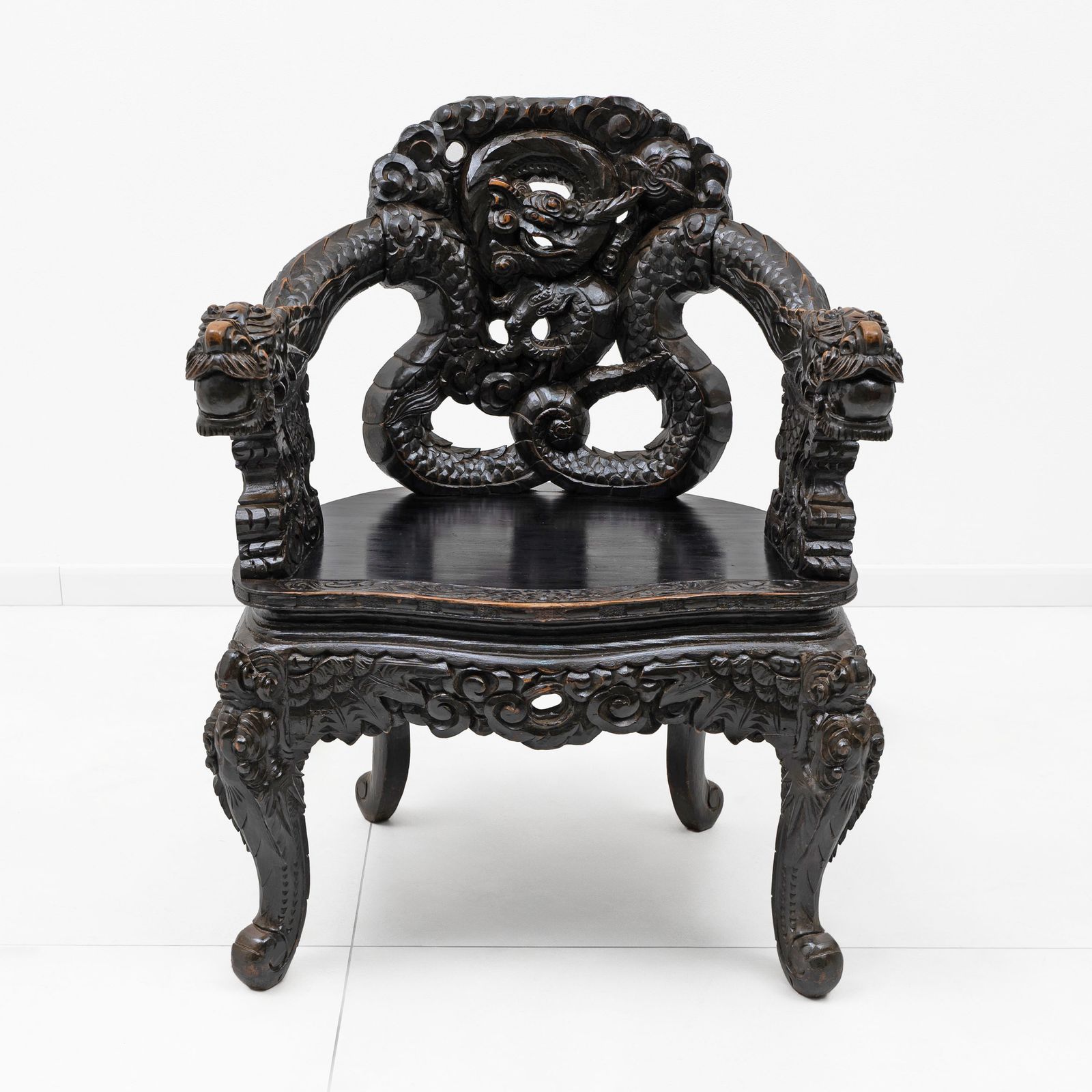 Pair Of Chinese Qing Dynasty Carved Dragon Armchairs, Ebonized Hardwood, 19th photo buy