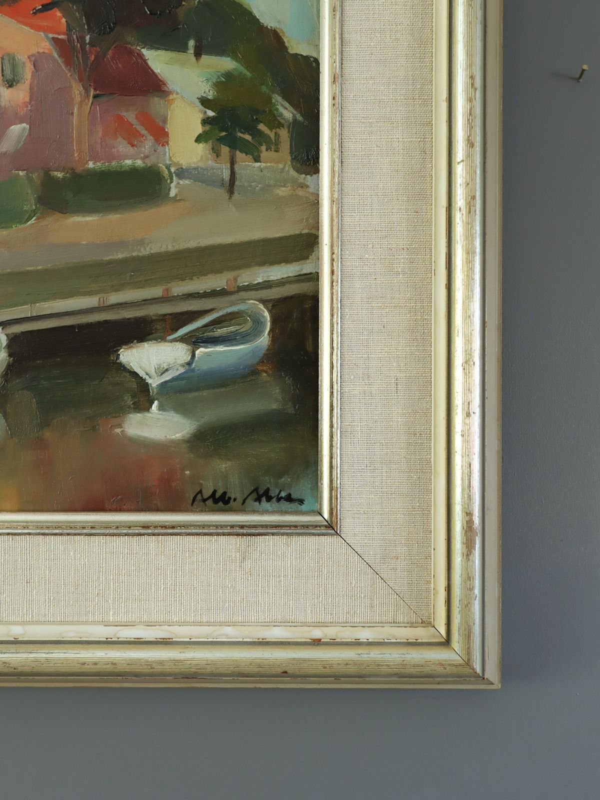Houses By The Canal Oil Painting photo vintage