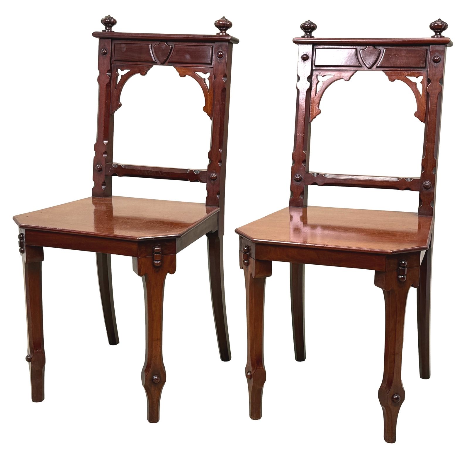 Pair Of Aesthetic Design Victorian Mahogany Hall Chairs (England, Circa 1880)