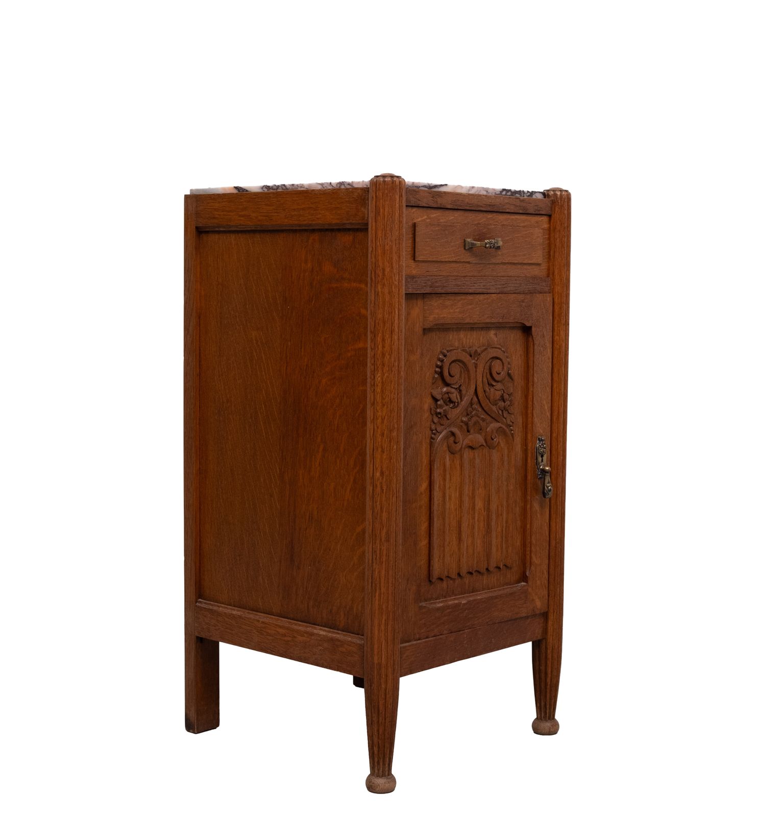 photo for sale Art Nouveau Nightstand, Solid Oak & Marble Top, Hand Carved, 1920s