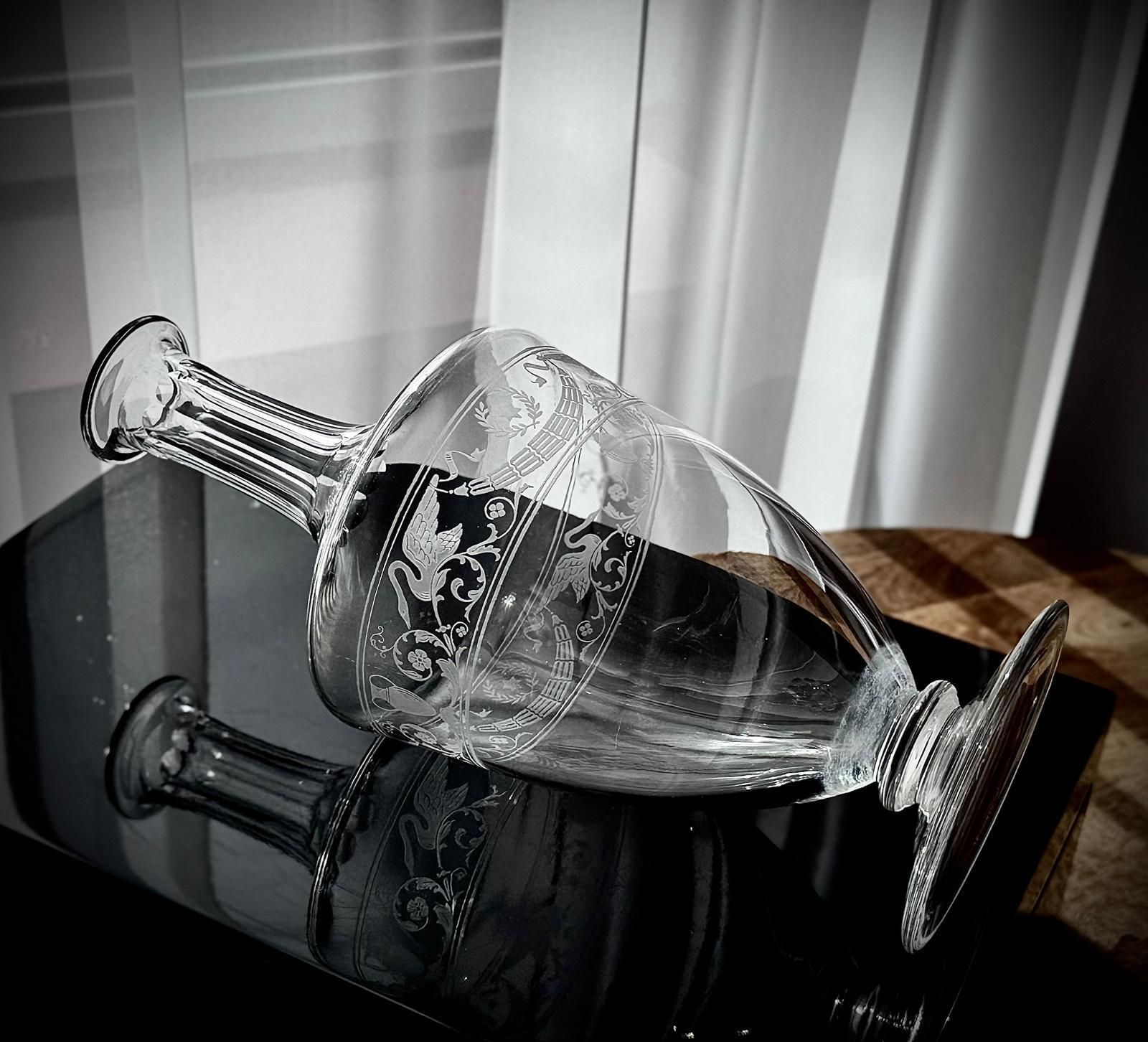 205.0 French Baccarat Cognac Decanter With Swan Engraving, 1920s photo
