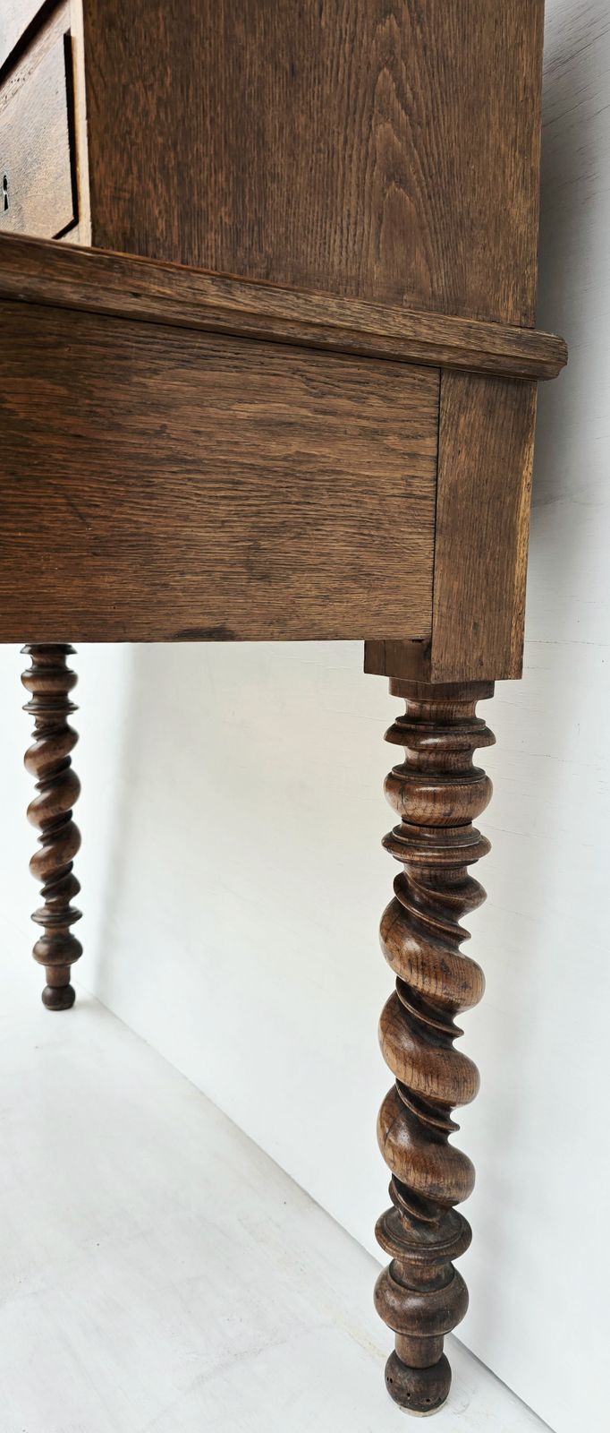 Furniture Antique French Oak Notaire's Desk With Bank Of Lockable Drawers & Carved Fretwork. photo