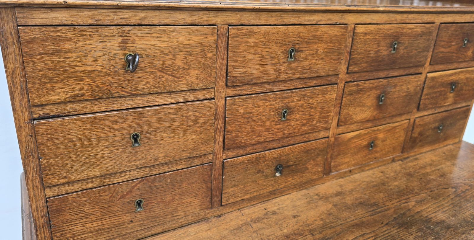 photo vintage Antique French Oak Notaire's Desk With Bank Of Lockable Drawers & Carved Fretwork.