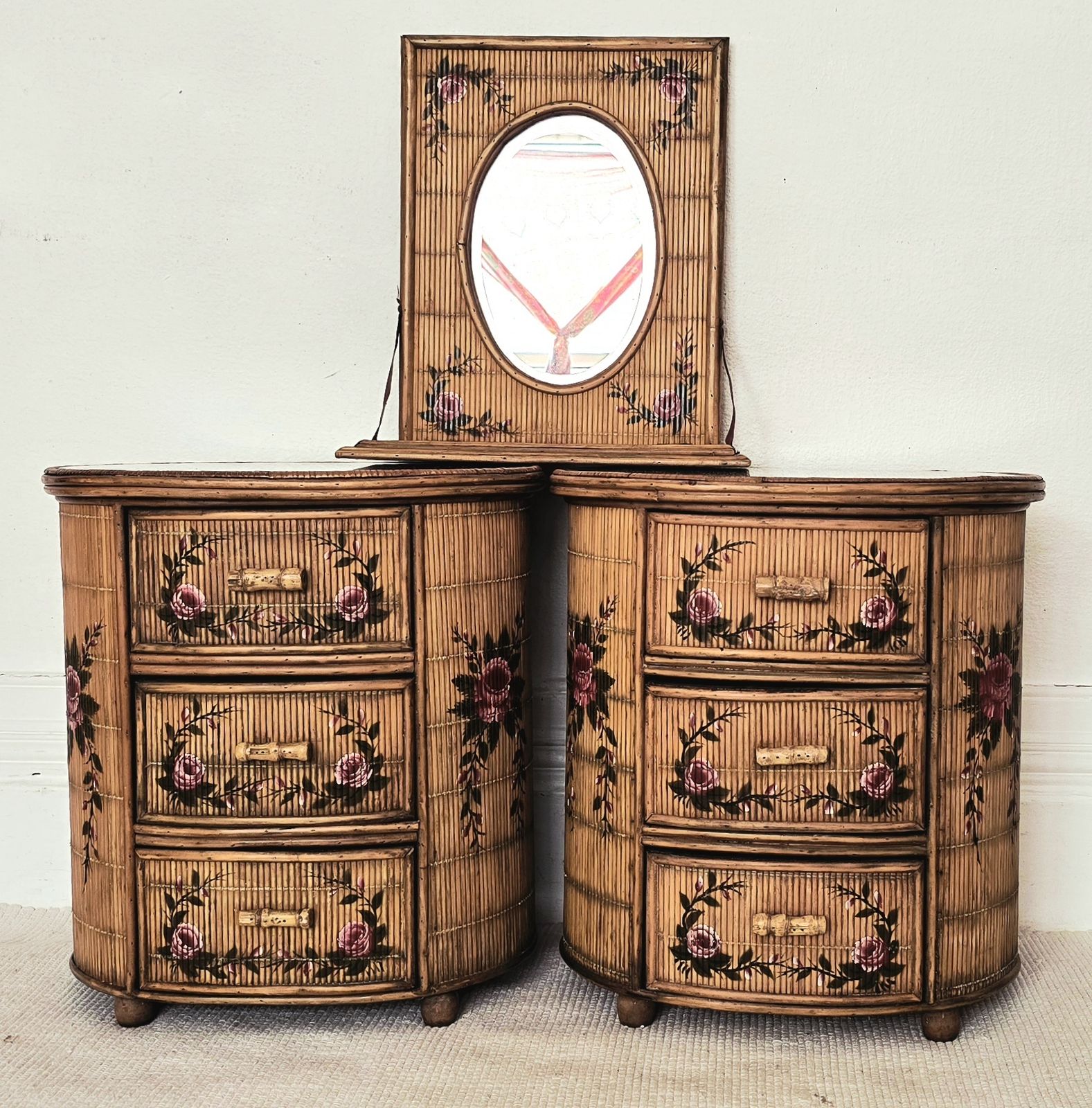 A Pair Of French Or Italian Painted Rattan Bedside Tables, Bedroom Set.