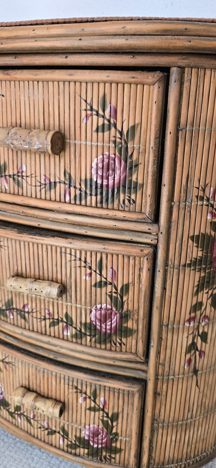 photo for sale A Pair Of French Or Italian Painted Rattan Bedside Tables, Bedroom Set.