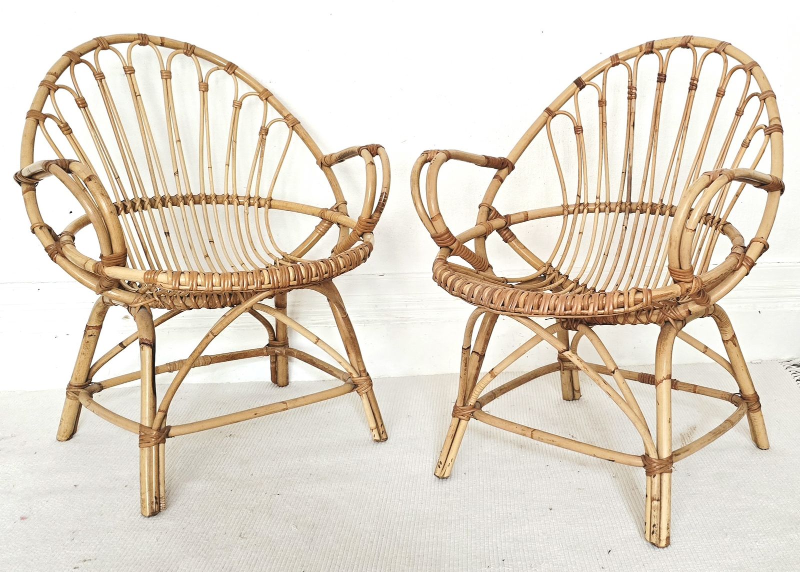 A Pair Of Mid Century French Bamboo Clam Shell Chairs, Riviera.