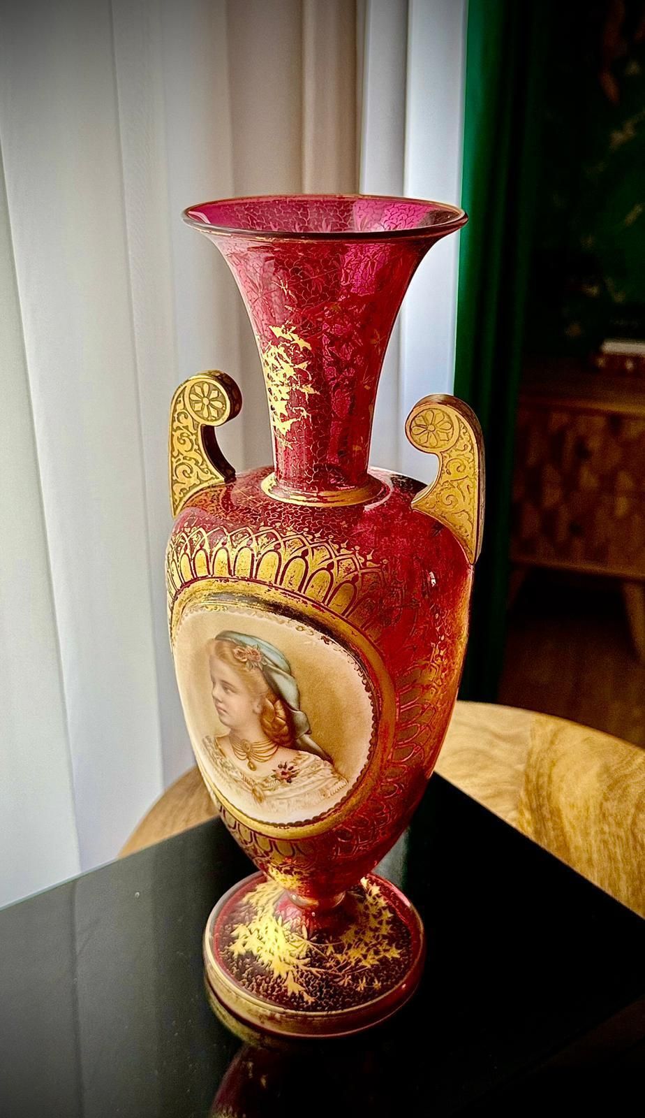 19th Century Bohemian Ruby Glass Urn Vase, Attributed Moser, Hand Painted Portrait, C.1880 photo vintage