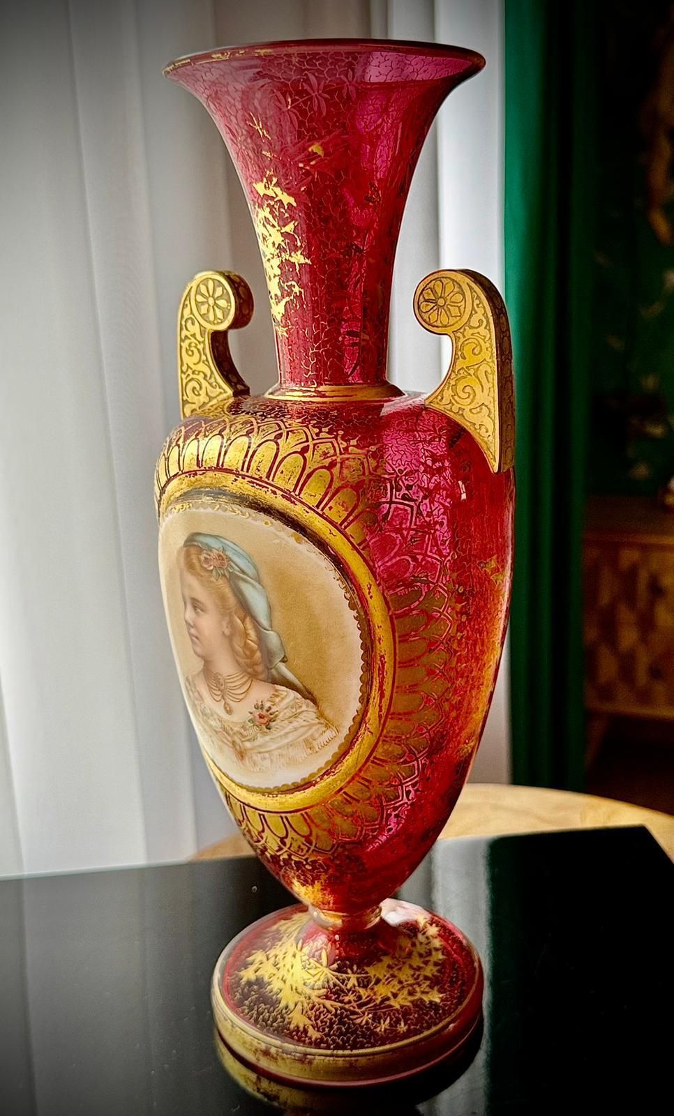 photo vinterior 19th Century Bohemian Ruby Glass Urn Vase, Attributed Moser, Hand Painted Portrait, C.1880