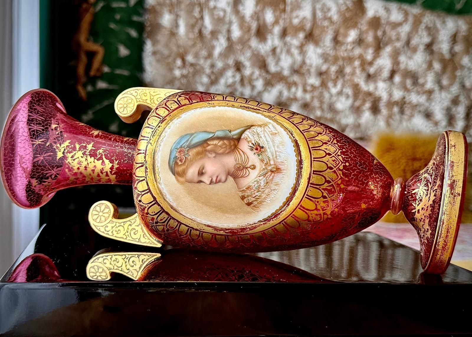 photo buy 19th Century Bohemian Ruby Glass Urn Vase, Attributed Moser, Hand Painted Portrait, C.1880
