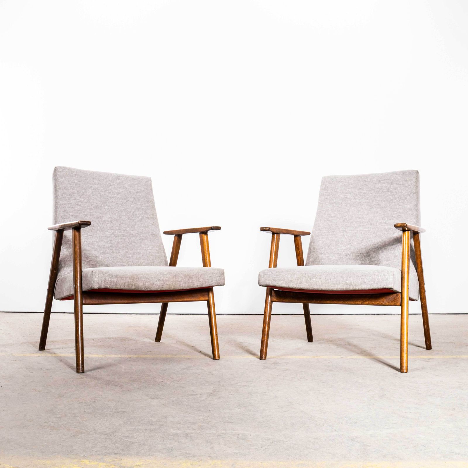 1950’s Mid Century Upholstered Armchairs With Straight Arms And Top Caps In Grey Brushed Cotton photo for sale