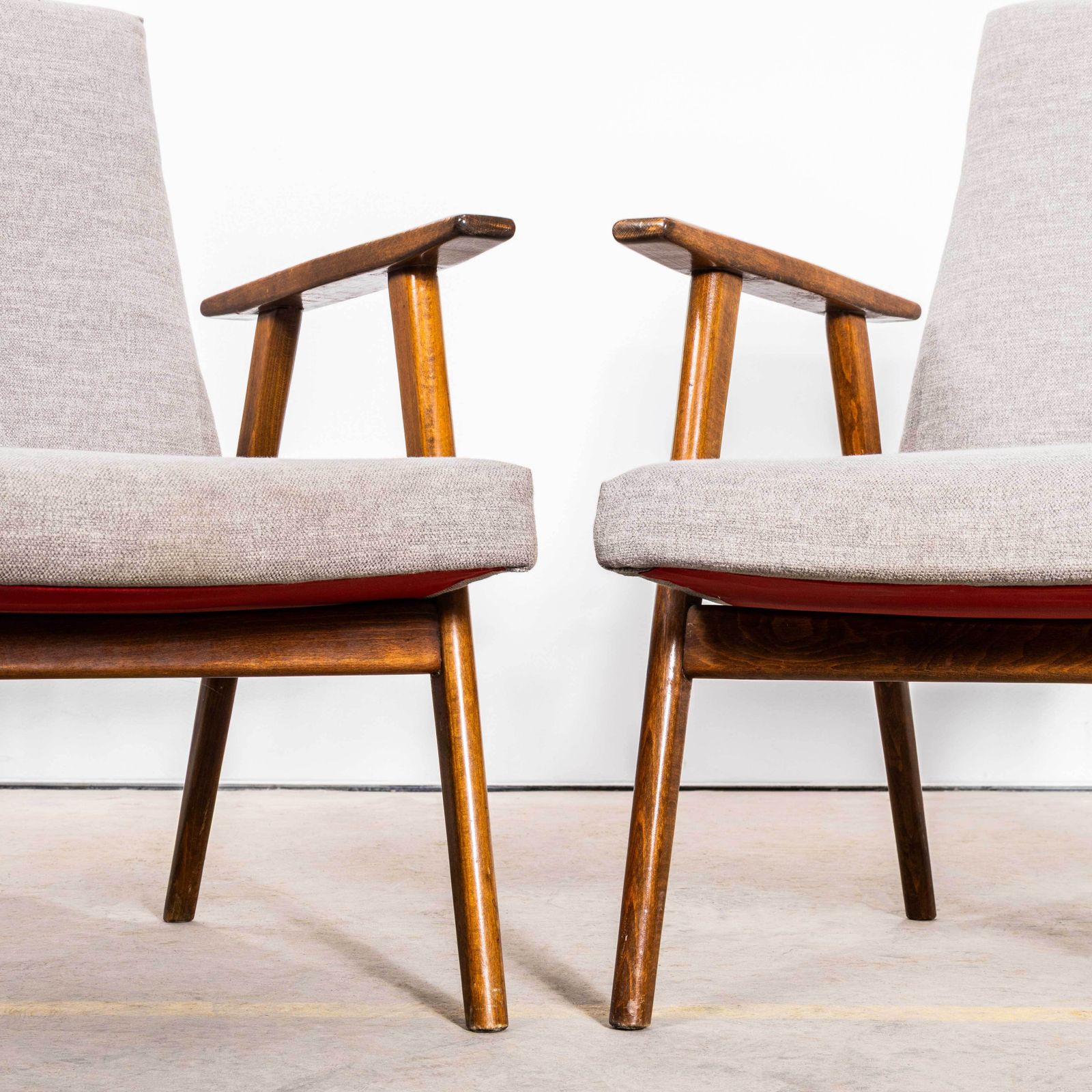 1950’s Mid Century Upholstered Armchairs With Straight Arms And Top Caps In Grey Brushed Cotton photo 395.0