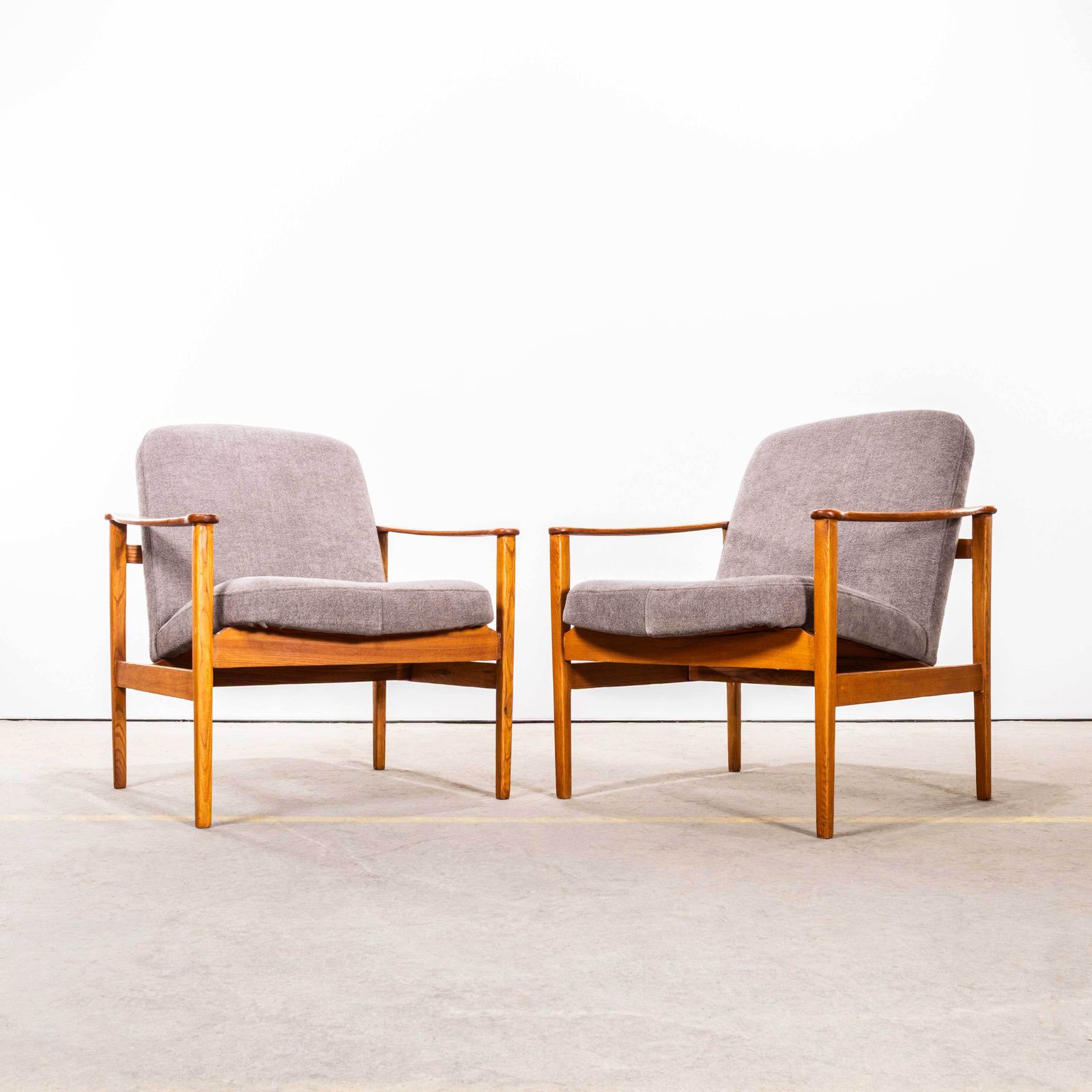 1950’s Mid Century Upholstered Grey Brushed Cotton Armchairs With Straight Arms And Top Caps photo for sale