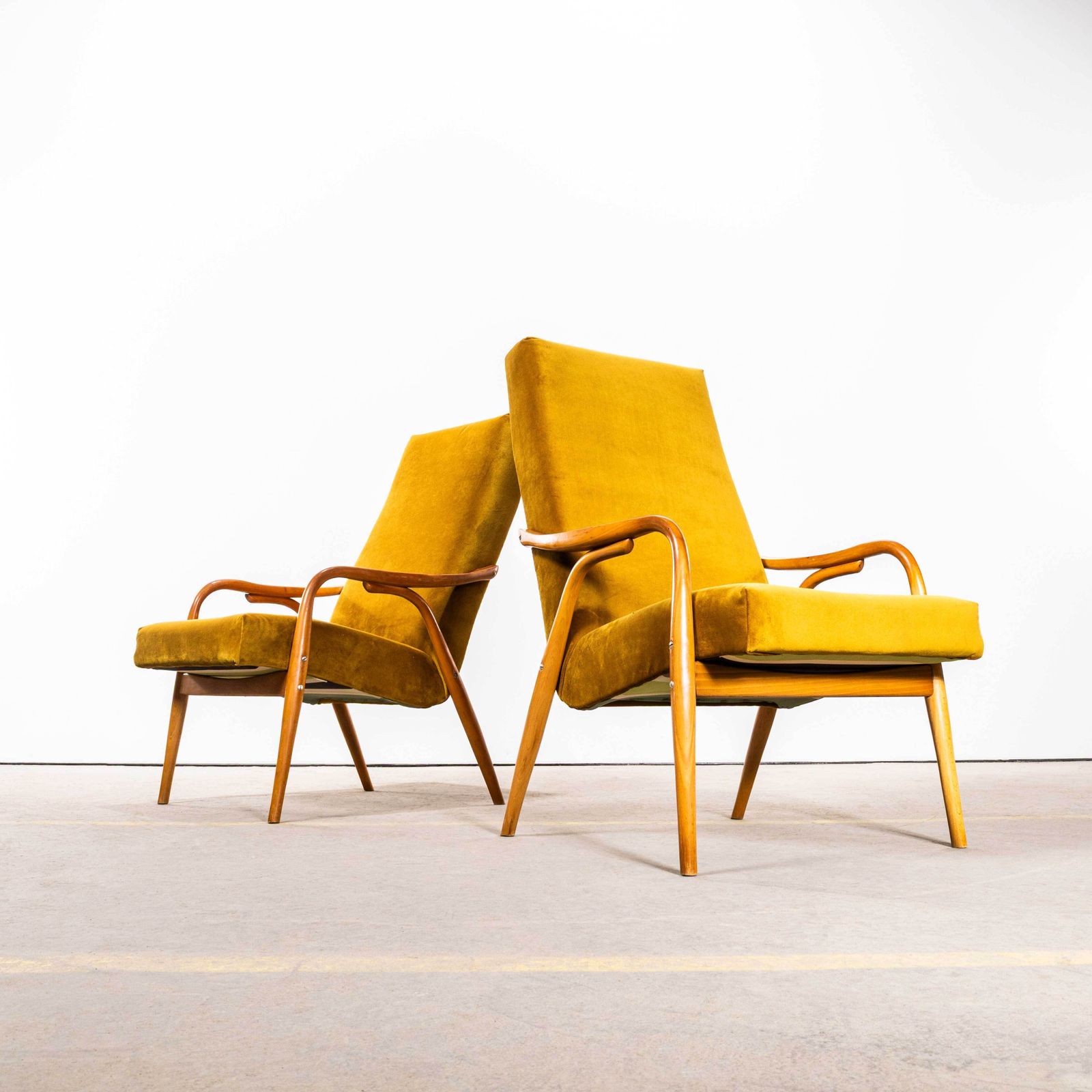 1950’s Mid Century Upholstered Mustard Cotton Velvet Armchairs With Straight Arms And Top Caps