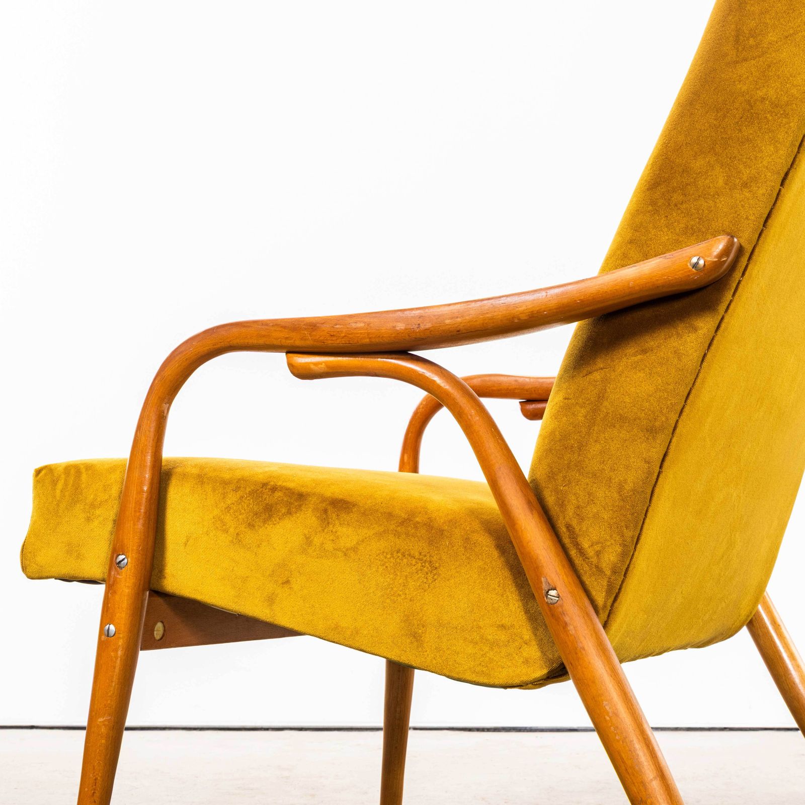 1950’s Mid Century Upholstered Mustard Cotton Velvet Armchairs With Straight Arms And Top Caps photo furniture