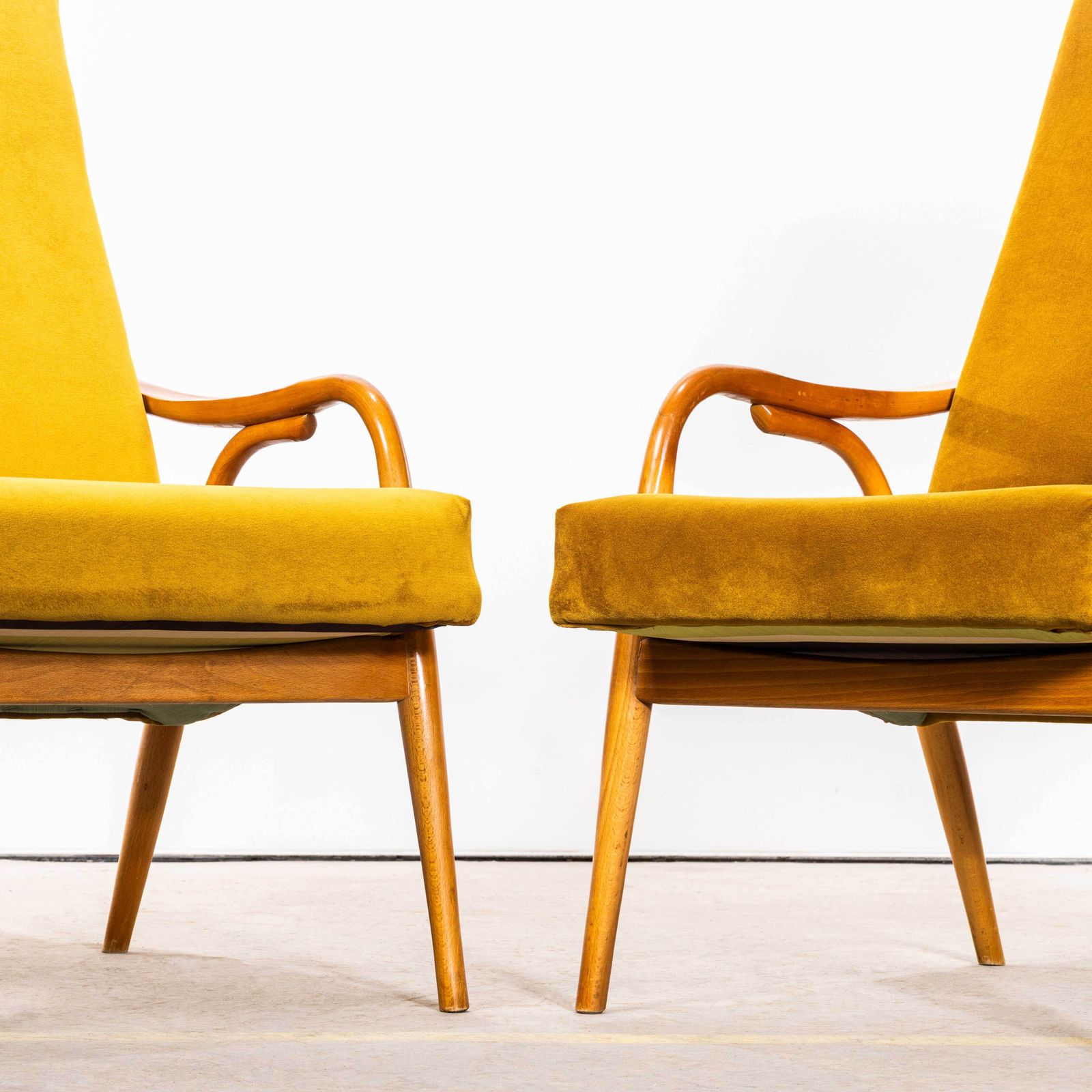1950’s Mid Century Upholstered Mustard Cotton Velvet Armchairs With Straight Arms And Top Caps photo 395.0