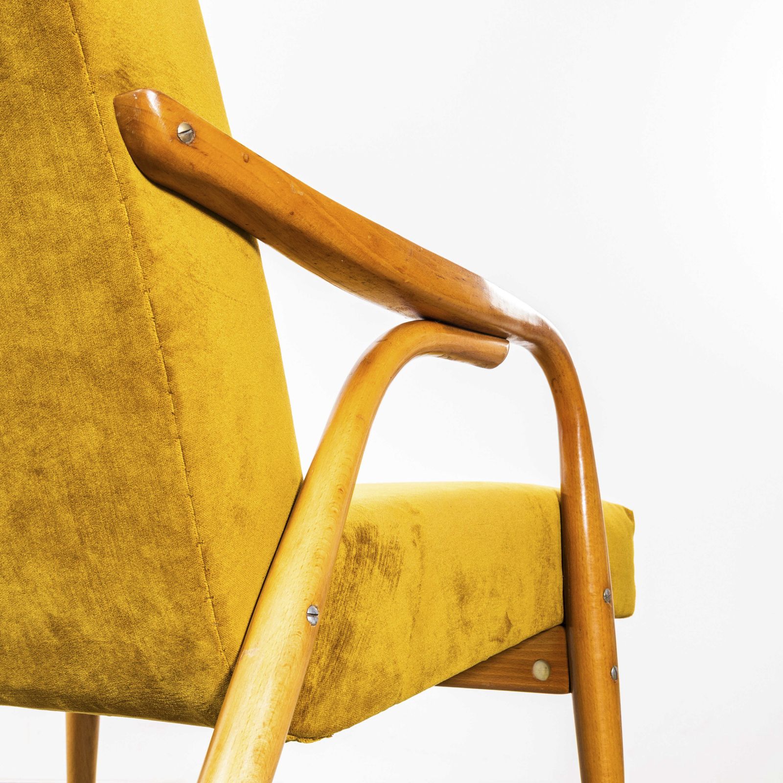1950’s Mid Century Upholstered Mustard Cotton Velvet Armchairs With Straight Arms And Top Caps photo buy