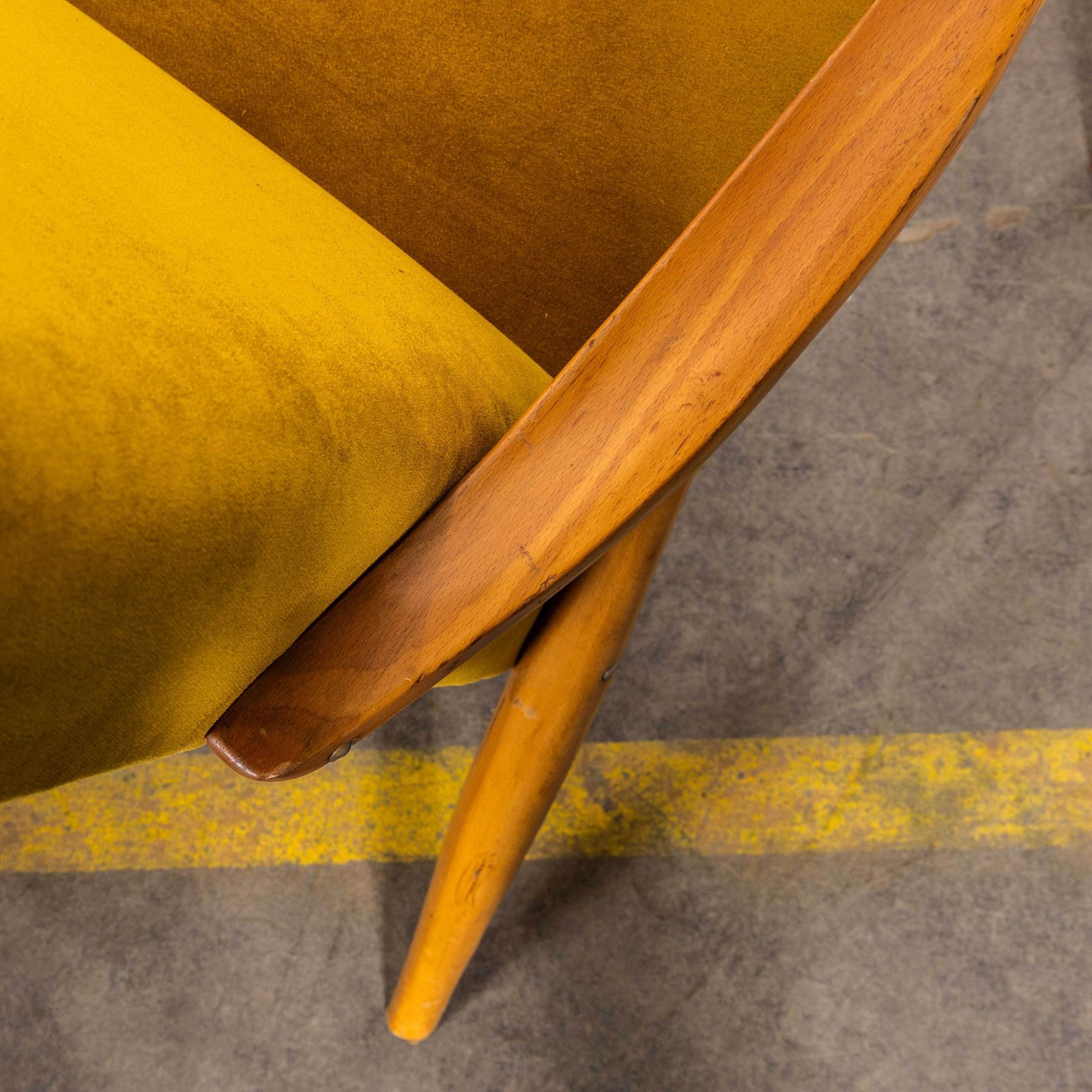 1950’s Mid Century Upholstered Mustard Cotton Velvet Armchairs With Straight Arms And Top Caps photo vintage
