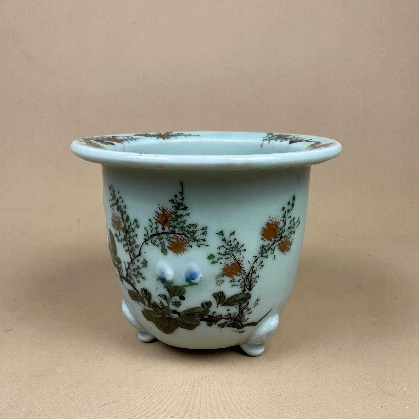 Oriental Celadon Jardiniere Hand Painted Ceramic Pot Planter Chinese Antique Cache Decorative Vase Flowerpot Display Asian Floral Feet photo furniture