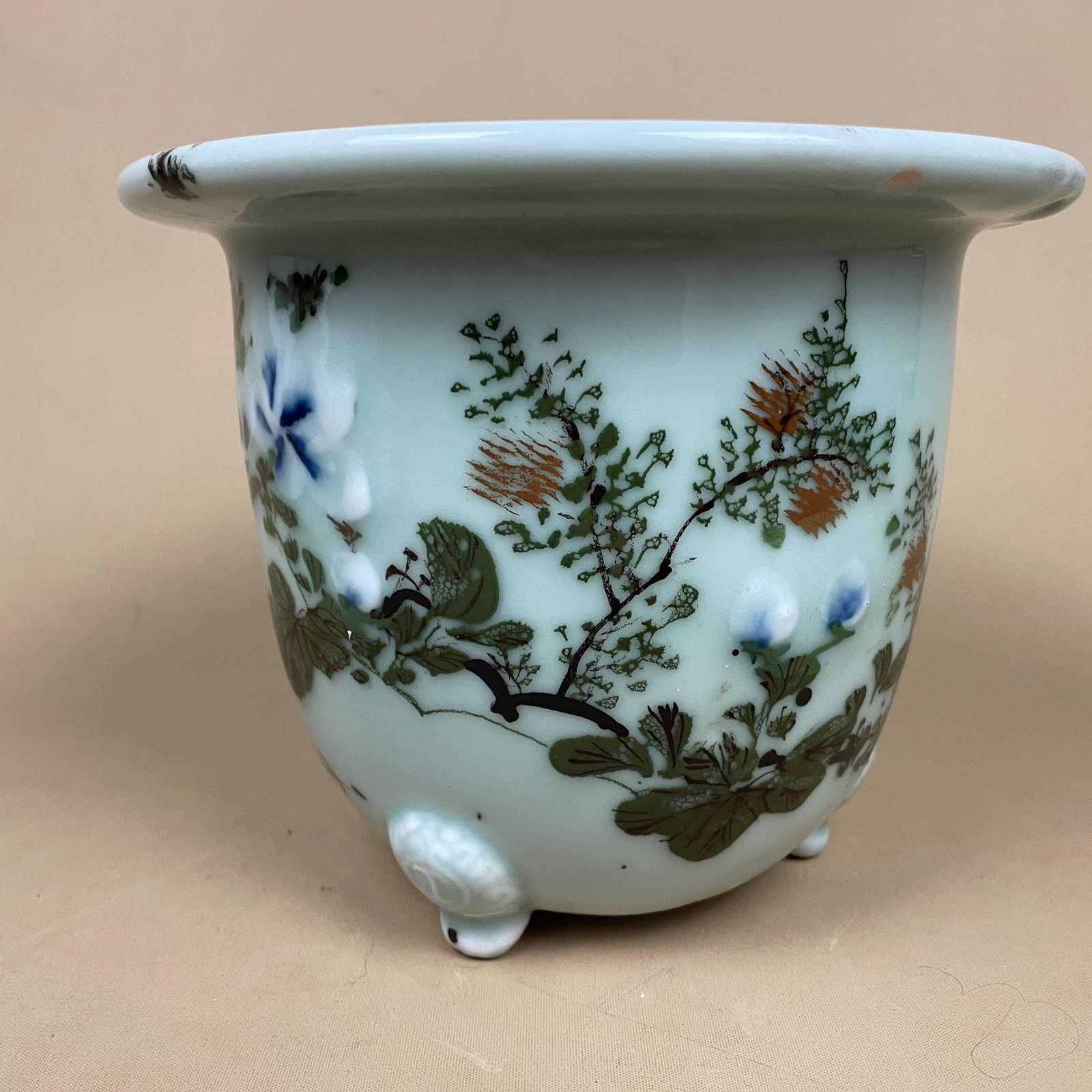 Oriental Celadon Jardiniere Hand Painted Ceramic Pot Planter Chinese Antique Cache Decorative Vase Flowerpot Display Asian Floral Feet photo Home Decor