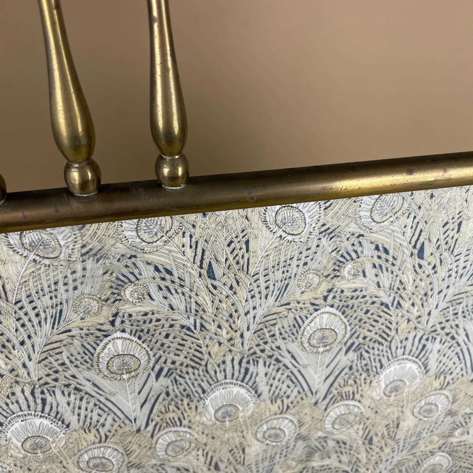 photo buy Brass Art Nouveau Fire Screen Fireguard Peacock Feather Pattern Gold Brass Metal Frame Glass Fabric Antique Fire Guard Vintage