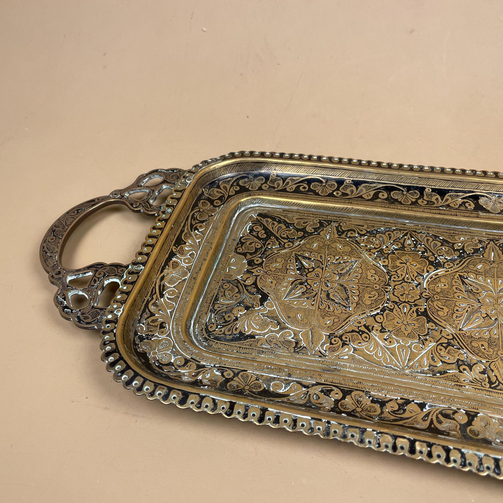 Rectangle Metal Gold Indian Patterned Brass Tray 51x19.5cm Plate Asian Handmade Etched Intricate Vintage Decorative Handles Black Antique photo 75.0