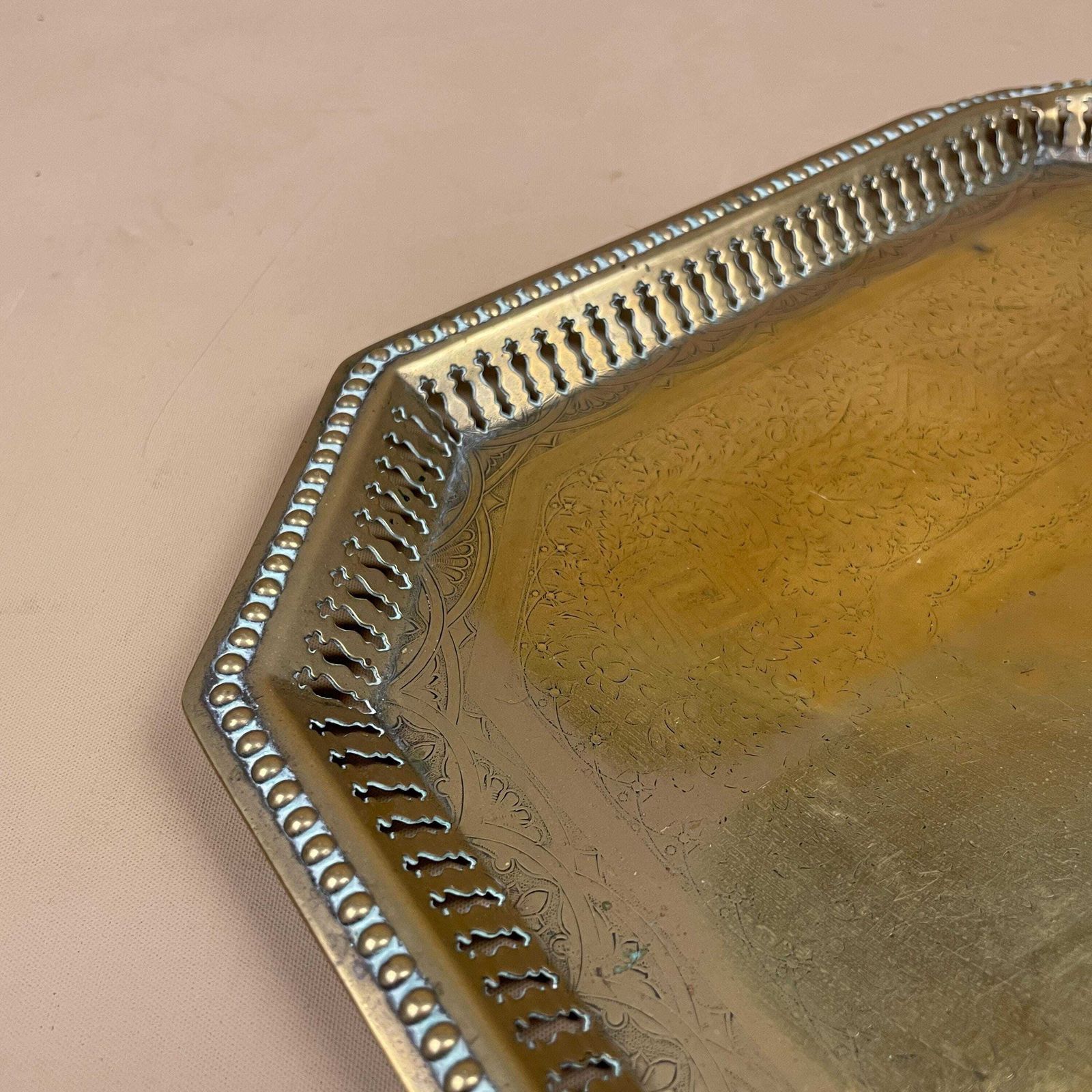 Antique Small Metal Pale Gold Tray Rectangular Plate Decorative Edge Ornate Aged Patina Display Embossed Engraved Traditional Handmade photo Home Decor