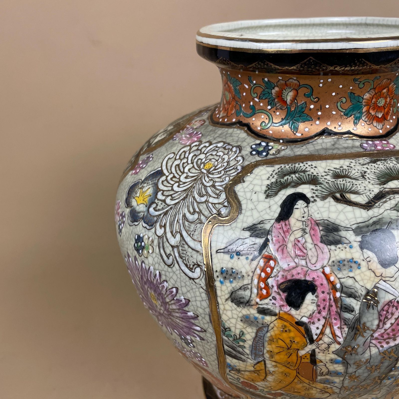 Oriental Antique Decorative Vase Ceramic Pot Japanese Vintage Display Hand Painted Asian Old Aged Figures Floral Pattern Decorative photo for sale