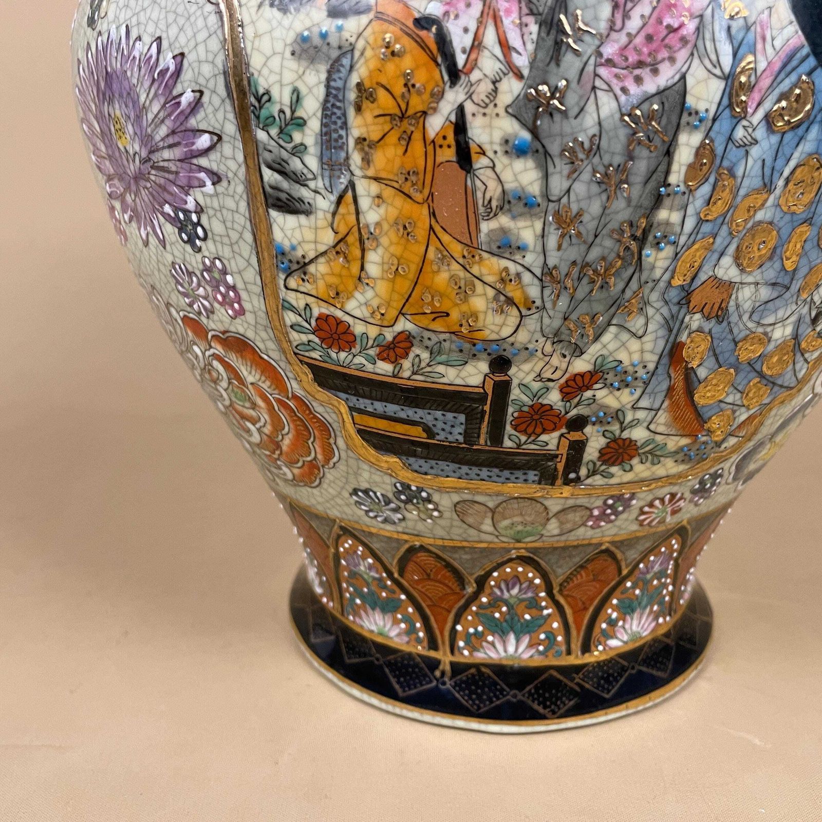 photo for sale Oriental Antique Decorative Vase Ceramic Pot Japanese Vintage Display Hand Painted Asian Old Aged Figures Floral Pattern Decorative