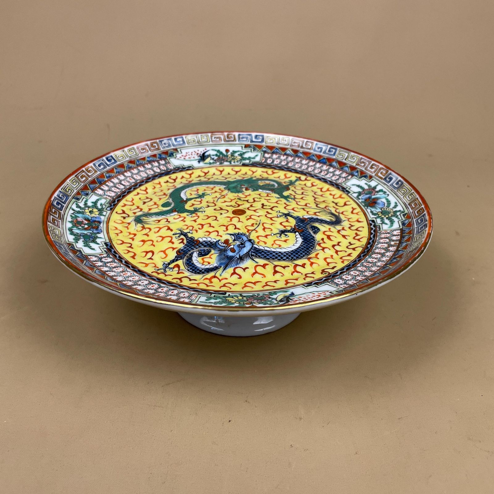 Antique Oriental Ceramic Hand Painted Pedestal Bowl On A Stand Plate Chinese Decorative Asian Round Porcelain 22cm Dish Display Dragon