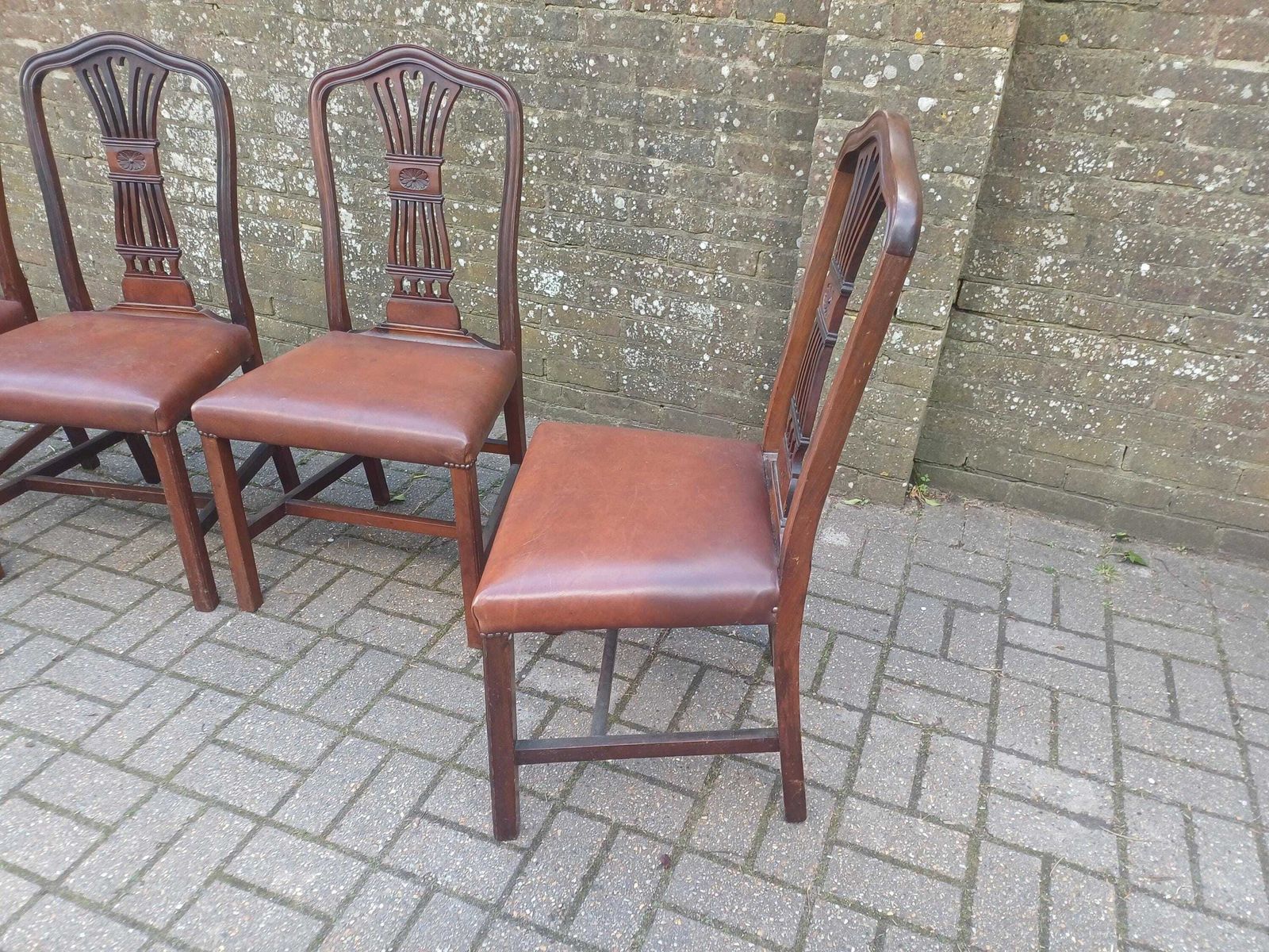Set Of Four Vintage 1920s Mahogany Dining Chairs With Carved Backs And Brown Vinyl Seats photo vinterior