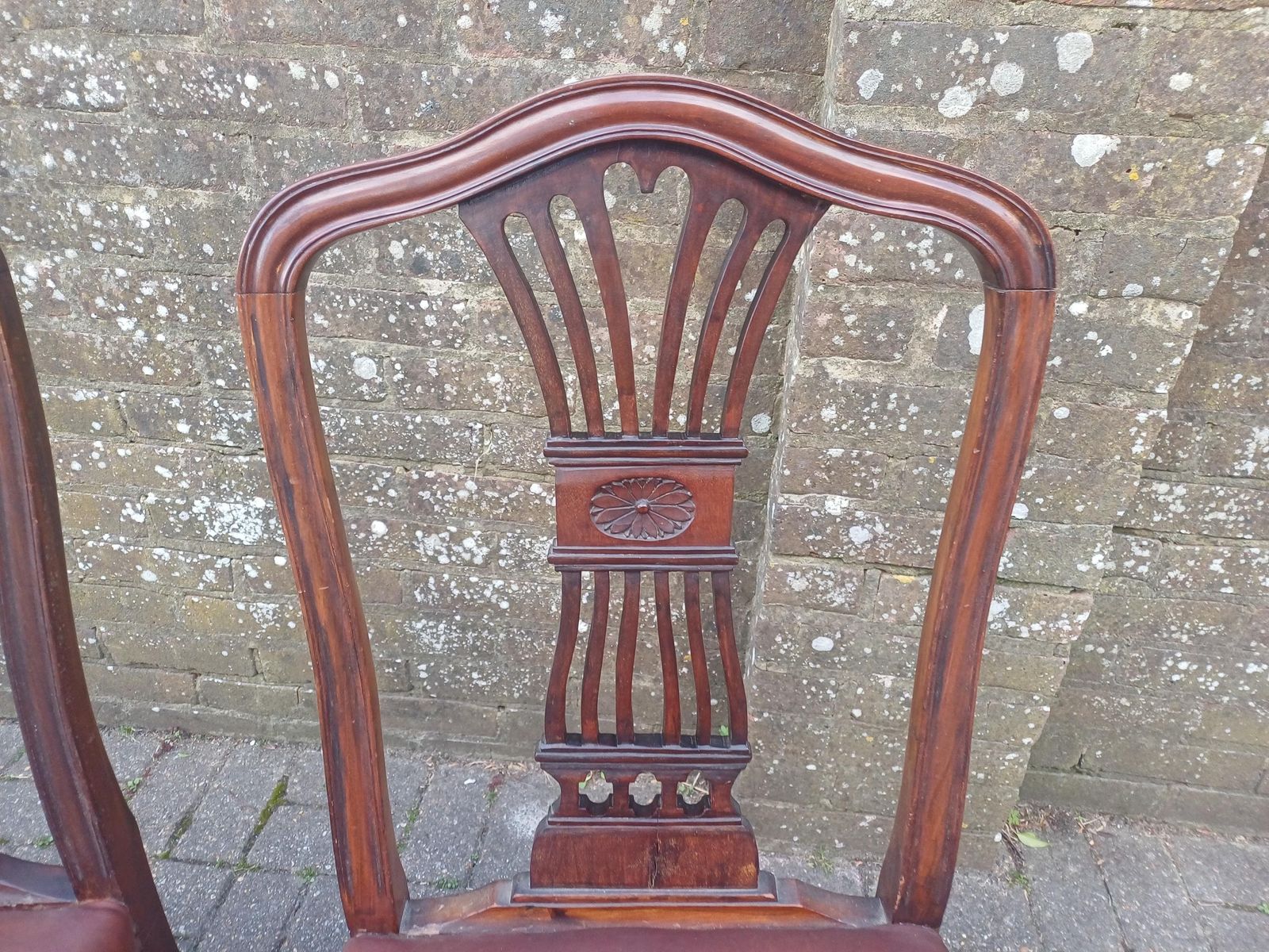 Set Of Four Vintage 1920s Mahogany Dining Chairs With Carved Backs And Brown Vinyl Seats photo vintage