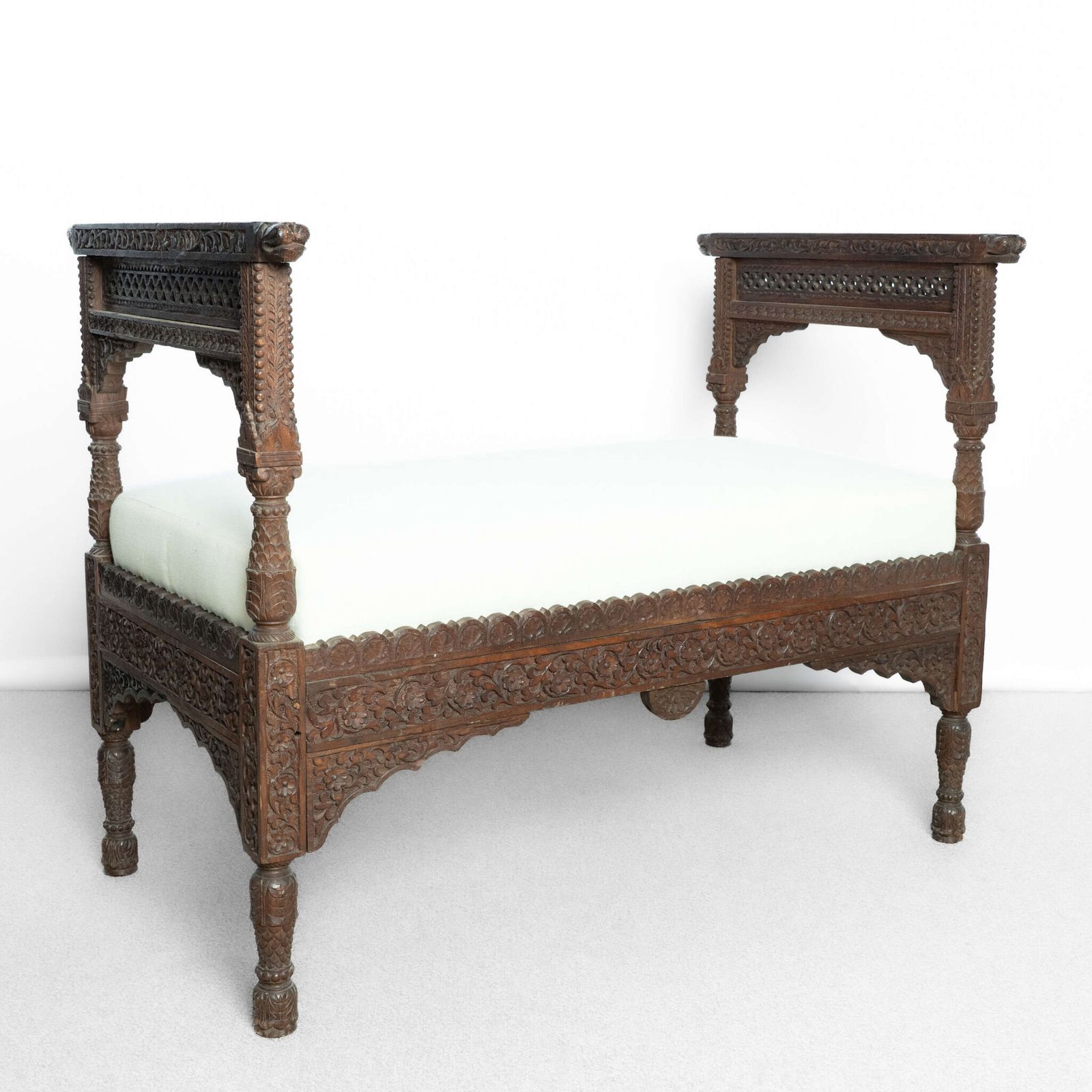Carved Hardwood Upholstered Window Seat