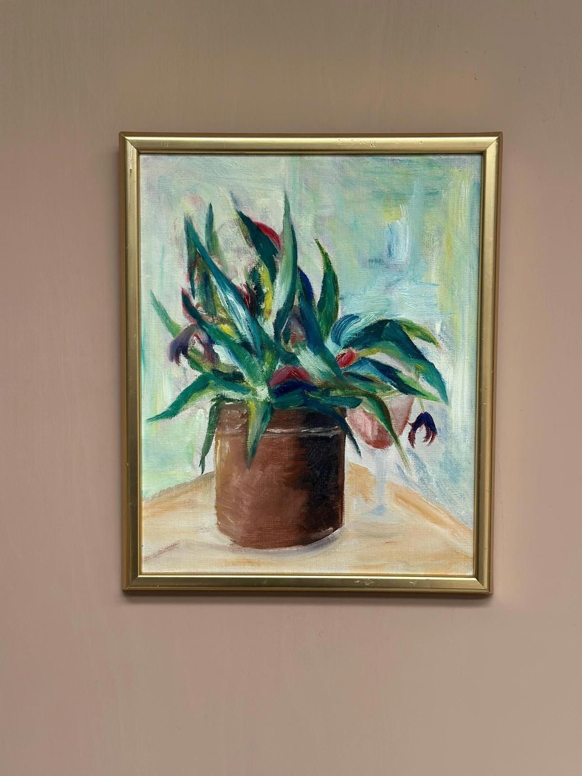 Original Swedish Oil On Canvas – “Vase With Plant” – Vintage & Framed – 34 × 45 Cm (13.4" × 17.7") photo vinterior