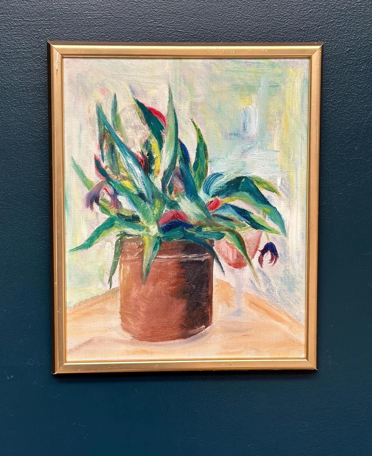 Original Swedish Oil On Canvas – “Vase With Plant” – Vintage & Framed – 34 × 45 Cm (13.4" × 17.7") photo vintage